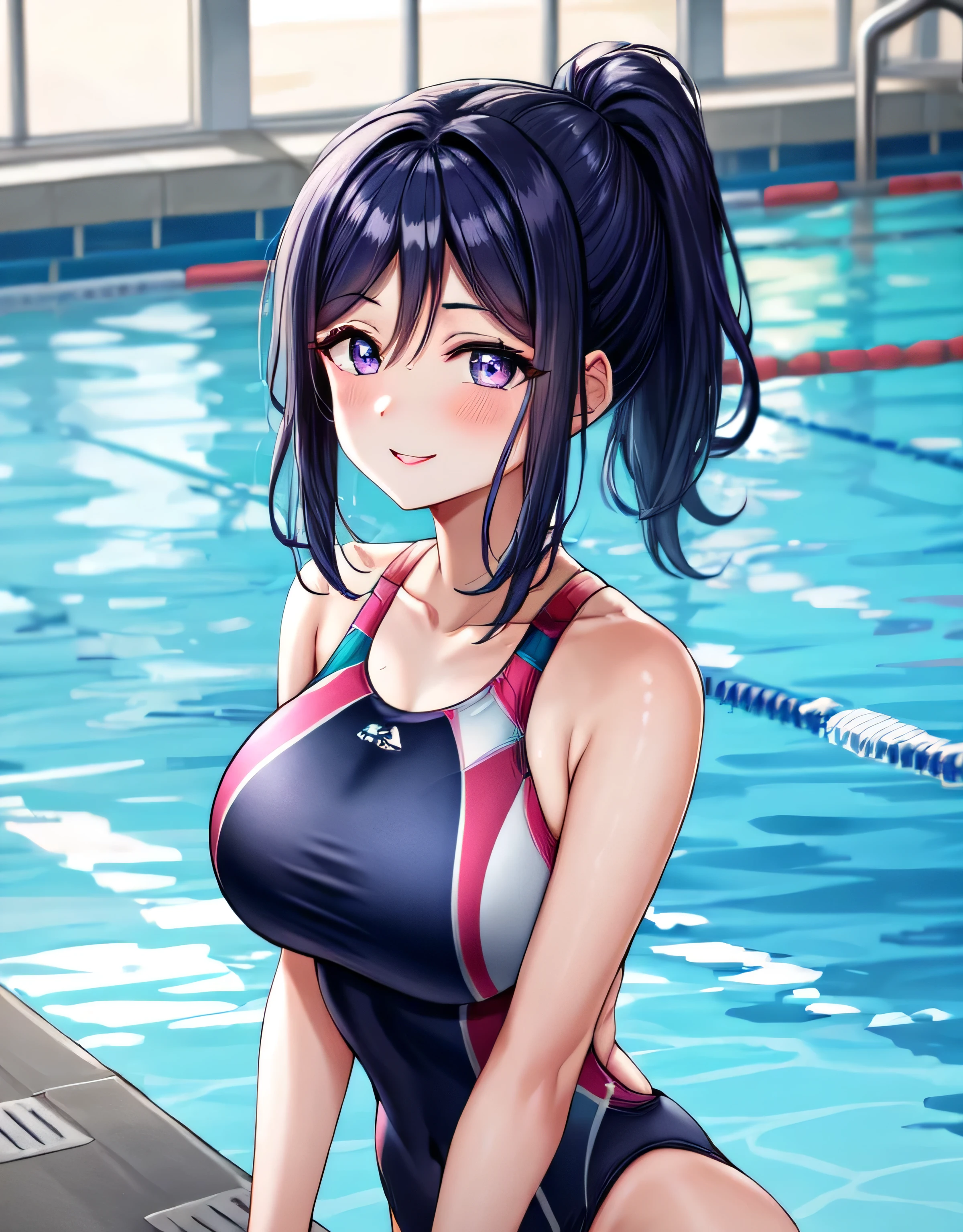 kanan matsuura,blue hair,long hair,ponytail,(purple eyes:1.1),sidelocks,(extremely shiny Competition swimsuit:1.2),(gorgeous indoor pool),lips,erotic lips,blush,seductive,alluing,Gentle smile,shiny skin,(large breasts:1.55),(shiny,hair),((solo)),((masterpiece)),((best quality)),perfect anatomy,slim waist,perfect image,8k UHD,(beautiful detailed eyes:1.5),extremely detailed face,standing,(upper body:1.25),(look at the front:1.5),arms behindback,ultra-detailed,absurdres,ultra-highres,night view drom the window,