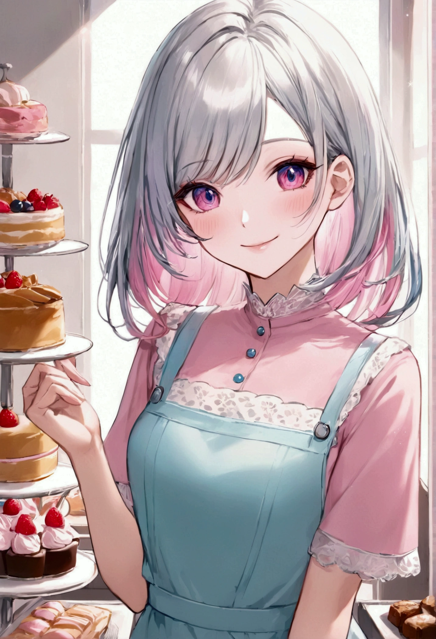 Anime Adult woman 3, shoulder length hair with long bangs, silver color with pink highlights, bicolor eyes, colors right light blue and left pink, friendly smile, housewife clothes, pastry and jewelry background, fairbeauty