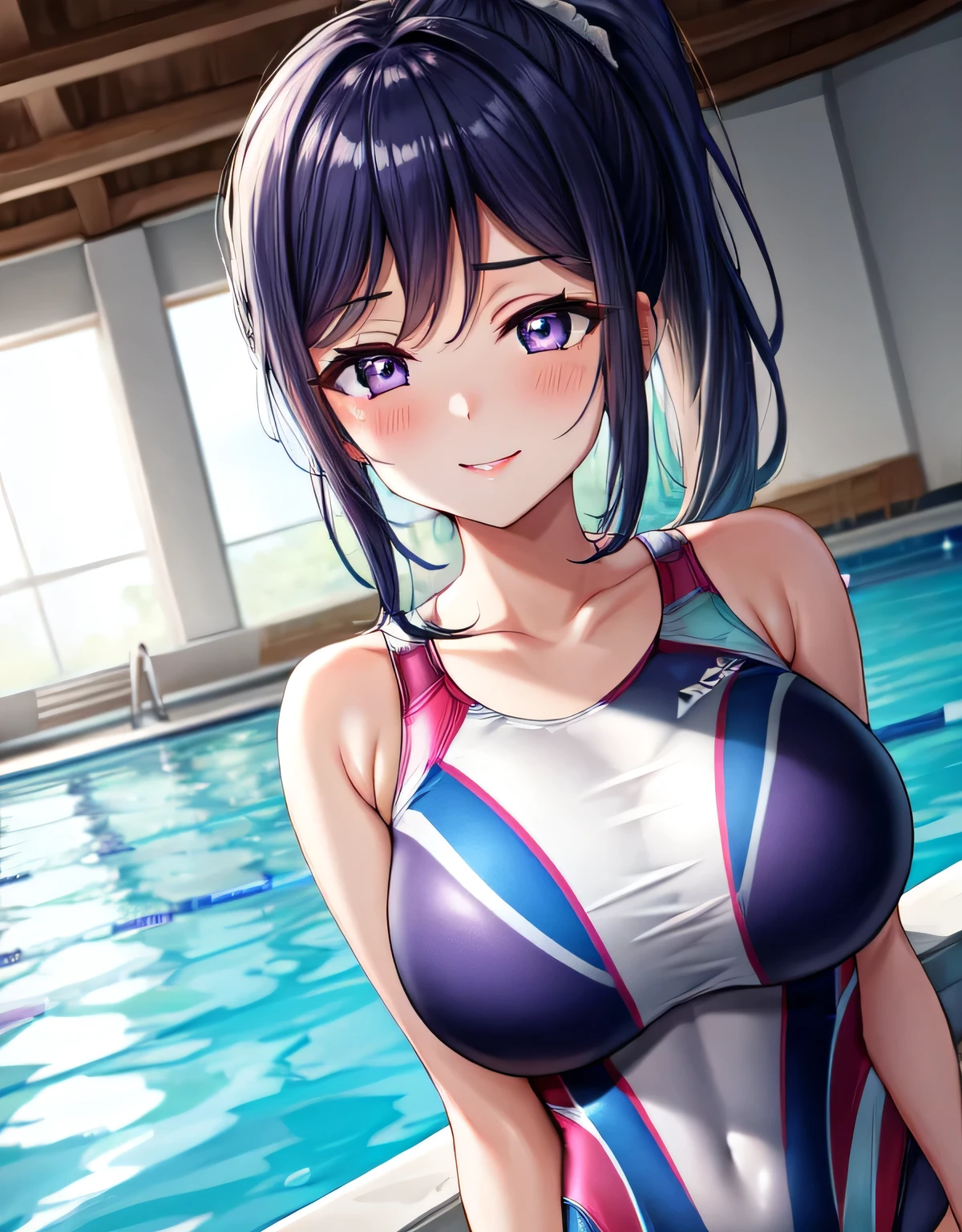 kanan matsuura,blue hair,long hair,ponytail,(purple eyes:1.1),sidelocks,(extremely shiny Competition swimsuit:1.2),(gorgeous indoor pool),lips,erotic lips,blush,seductive,alluing,Gentle smile,shiny skin,(large breasts:1.55),(shiny,hair),((solo)),((masterpiece)),((best quality)),perfect anatomy,slim waist,perfect image,8k UHD,(beautiful detailed eyes:1.5),extremely detailed face,standing,(upper body:1.25),(look at the front:1.5),arms behindback,ultra-detailed,absurdres,ultra-highres,night view drom the window,