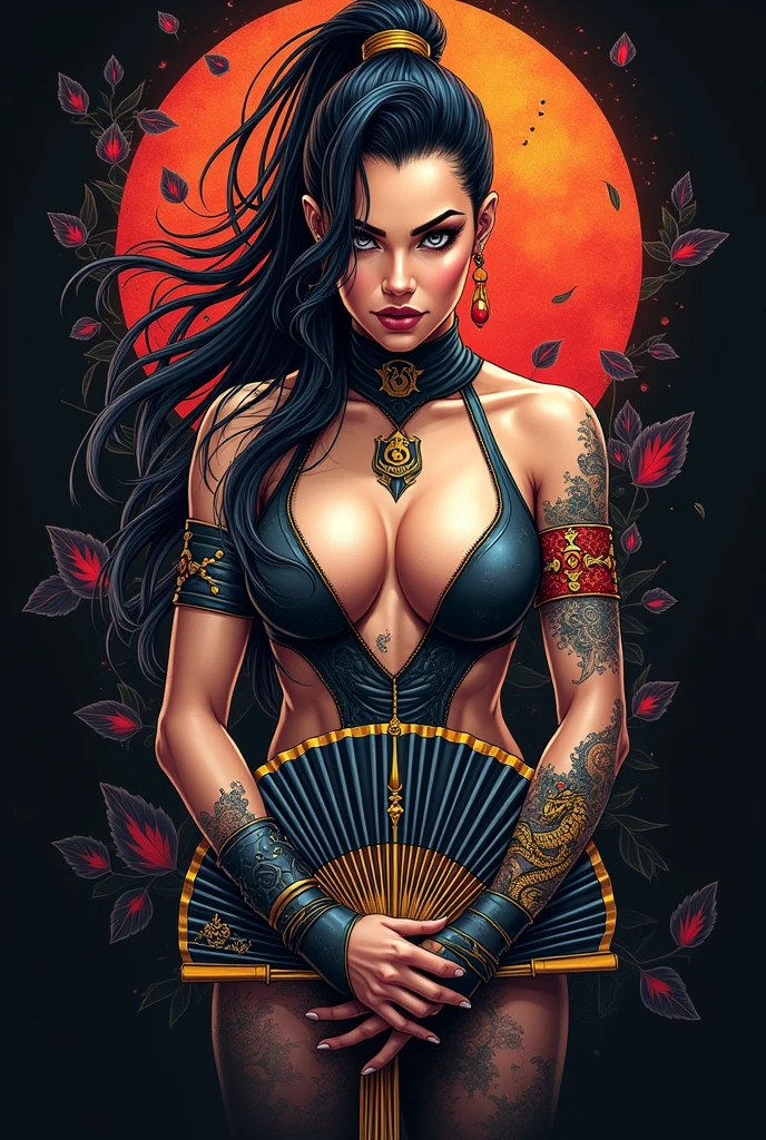 1 woman, athletic, medium breasts, long hair, black hair, pink hair stripes, shiny hair, smile full of teeth, detailed eyes, green eyes, black eye makeup, heavy eye makeup, black croptop, black skirt, black thong, (((((detailed intricate tattoos)), (colorful tattoos)), choker, view from below, looking down on the visor, stepping on the visor, underboob