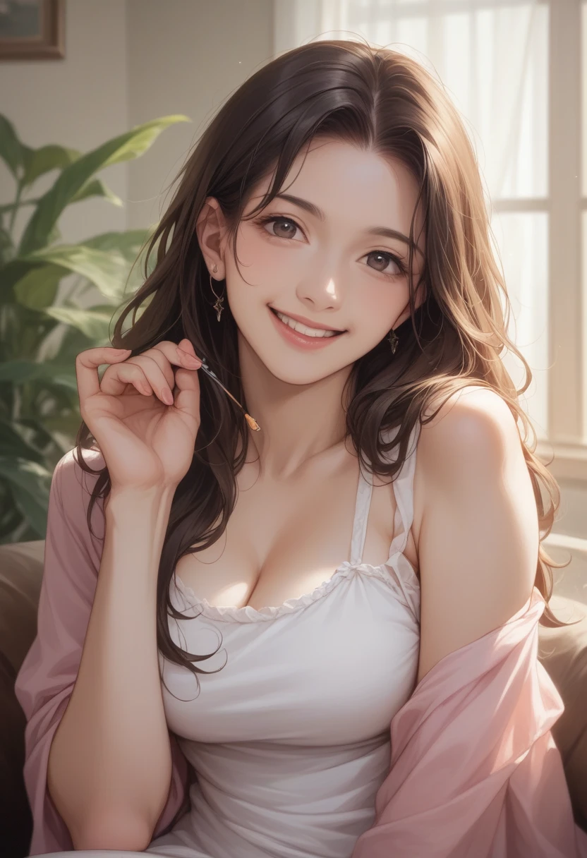 (ワンピースのナミ)、オレンジ色の髪、8k,Ultra-detailed,(Woman:1.4)、Sexy smile、The fingers of one hand are shaped like a cylinder、雲の上,masterpiece,photo realistic