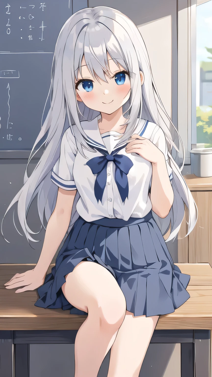cute girl, anime, silver hair, straight hair, Blue eyes, (young:1.1), (small bust:0.6), (cute:1.3), (middle bust:0.9), cute, (cute:1.2), (sulk:0.6), Smail, (shy:1.0), cowboy shot, cute, side shot, (shy:1.0), dark blue skirt, standing, short sleeve, (spread leg:1.2), school room, sit down, (open leg:1.2), panties, (smile:1.1), open leg