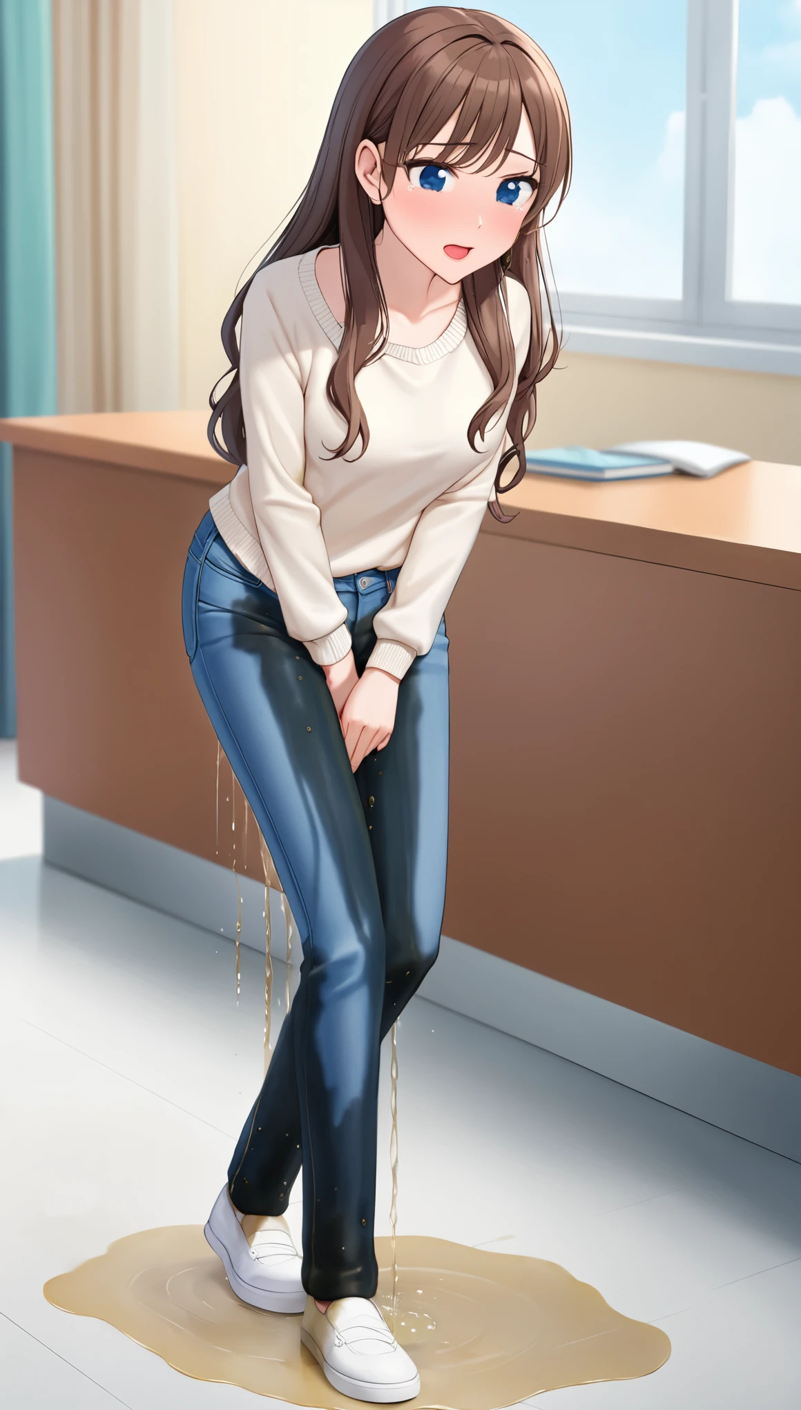 A woman with very long black hair and (very long bangs:1.5), topless and wearing tight jeans, standing. The artwork is inspired by manga and incorporates a doujin style. The woman appears to be (wetting herself:1.5), which causes her to feel embarrassed and humiliated, resulting in a blush on her face. In addition, there is an air of anger in her expression. The lighting in the scene is moody, with a spotlight highlighting the woman's figure. She is crossing her arms, (arms crossed:1.5), fully showcasing her jeans., large breasts, navel, groin, mound of venus, full body