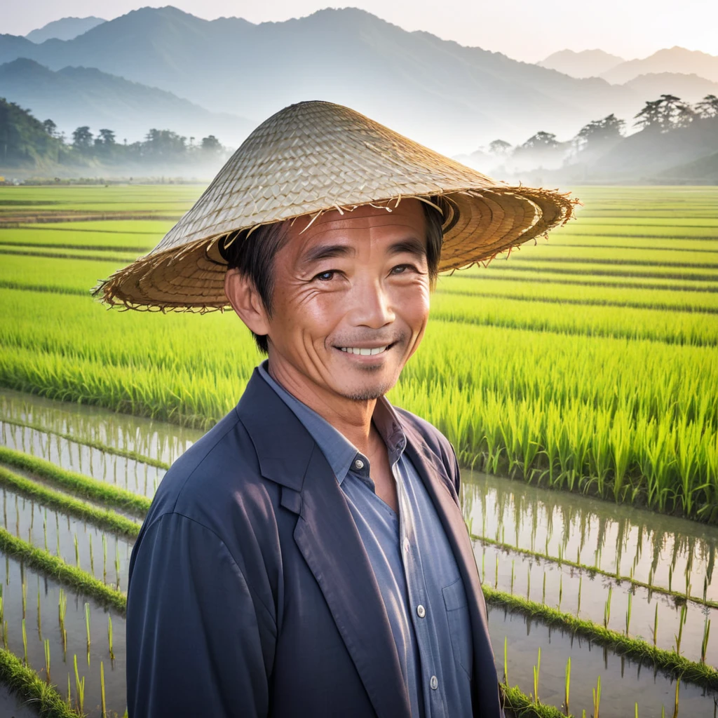 Double exposure photo, a japan farmer uncle with a straw hat standing in a rice field, farmer smiling, 40years old, second exposure - misty rice fields in the morning light, (double exposure:1.2)