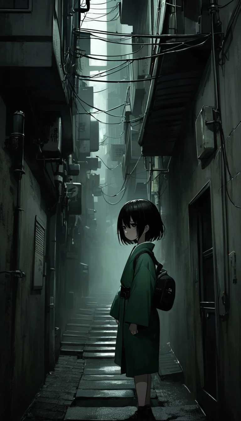 Dark green silk kimono。,Walking in the fog。Black belt。Expressionless。Young elementary school student。Short。Black medium hair。Creepy black eyes。One person。darkness。Spooky atmosphere。Japan。Concrete city。Narrow Alley。Dark atmosphere without light。night。Chiaroscuro,Huge skyscraper。Long stairs。Lots of wiring。Bust Shot。