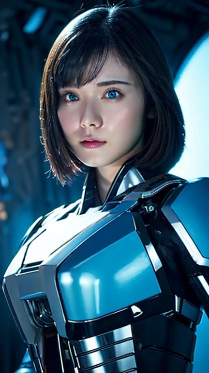 Wide-angle shot, 1 female, Mecha, Glowing blue-black eyes, Very cute face, (Realistic:1.37), バイオMechaニカル, Spaceship interior bokeh background, Ultra-realistic, Very detailed, Very intricate details, Beautiful woman in focus