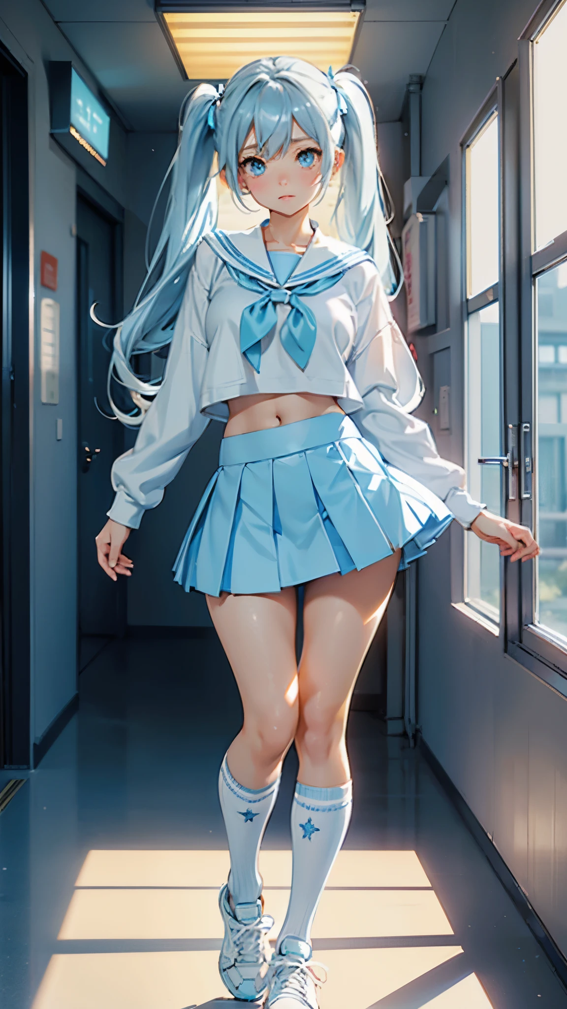  Japanese girl，Z-chest，Long powder blue hair,Light blue miniskirt，White soaked clothes, ssmile，Wet white suspender stockings，Black lace panties blown by the wind in the skirt，Whitening skin，