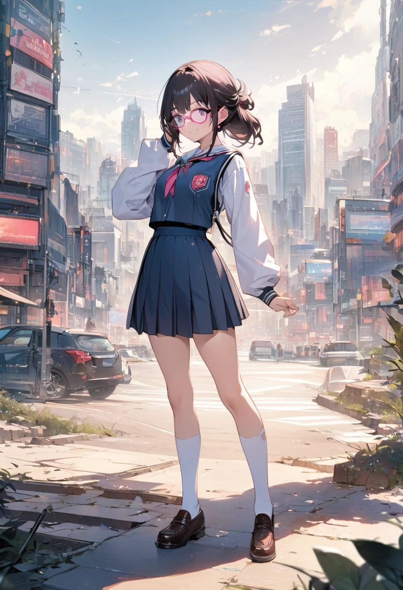 1 girl, minamoto_shizuka, bangs, ((((pigtails)))), schoolchild, 10 years old, pink top, pink skirt, white socks, white panties, (towering legs: 5.0, towering body: 5.0, gigantic: 5.0, giant: 5.0)))(( City of Miniature: 2.0))), ((Upskirt: 5.0)))), (((Perspective: 2.0))))