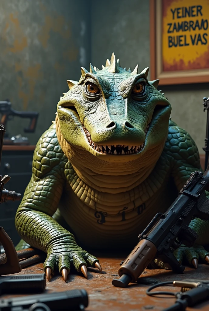 Make a flyer with a humanoid crocodile playing poker card games, illustration style