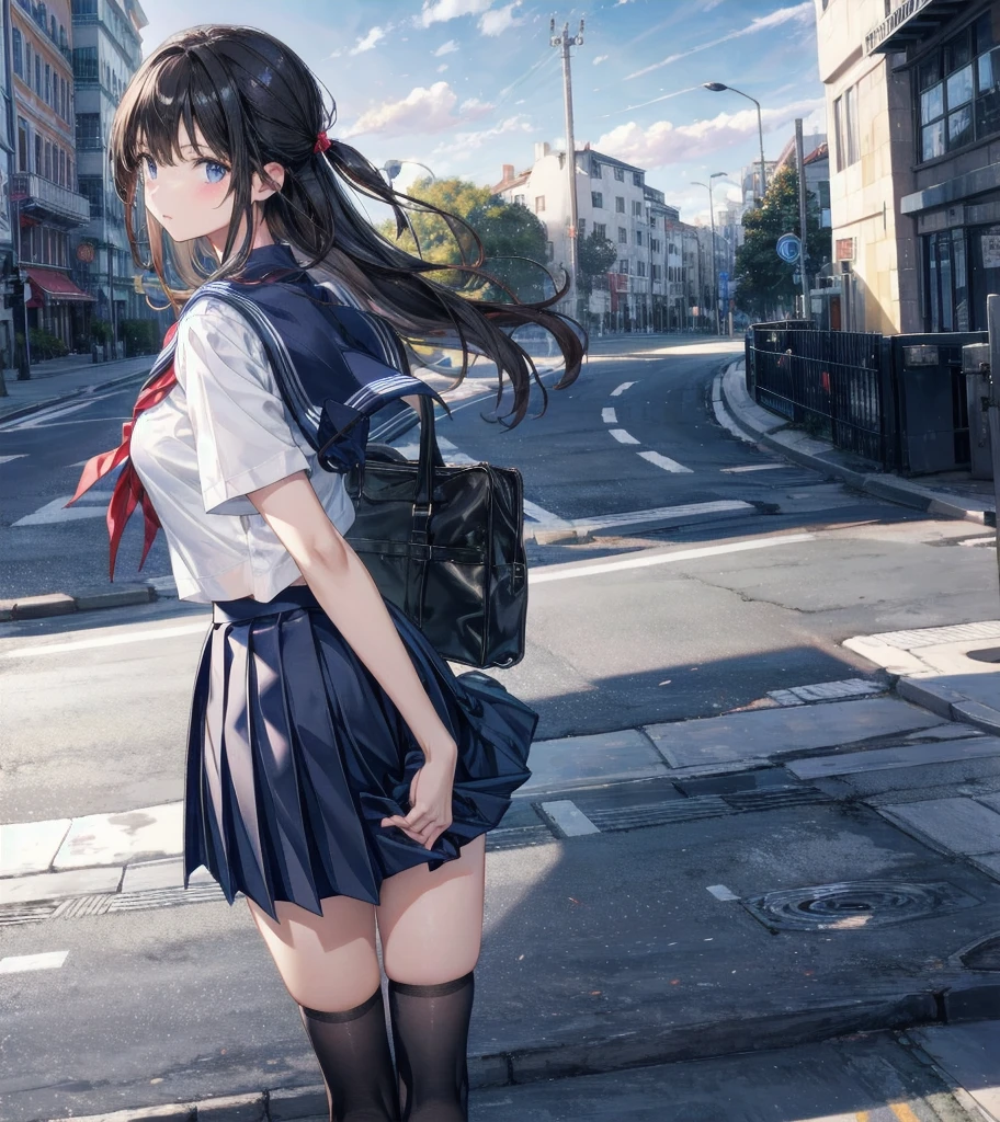 absurdres, RAW photo, extremely delicate and beautiful, masterpiece, Best Quality, ultra high resolution, 32k, hyperrealistic, ultra-detailed, ((perfect anatomy)), super Detailed skin, perfect figure, Very detailed CG 8k wallpaper, in her 20s, very small head, very small face, delicate facial features, tearful mole, earring, very huge round breasts, full body shot, shorter middle hair, wavy hair, outdoor, ((((school uniform)))),