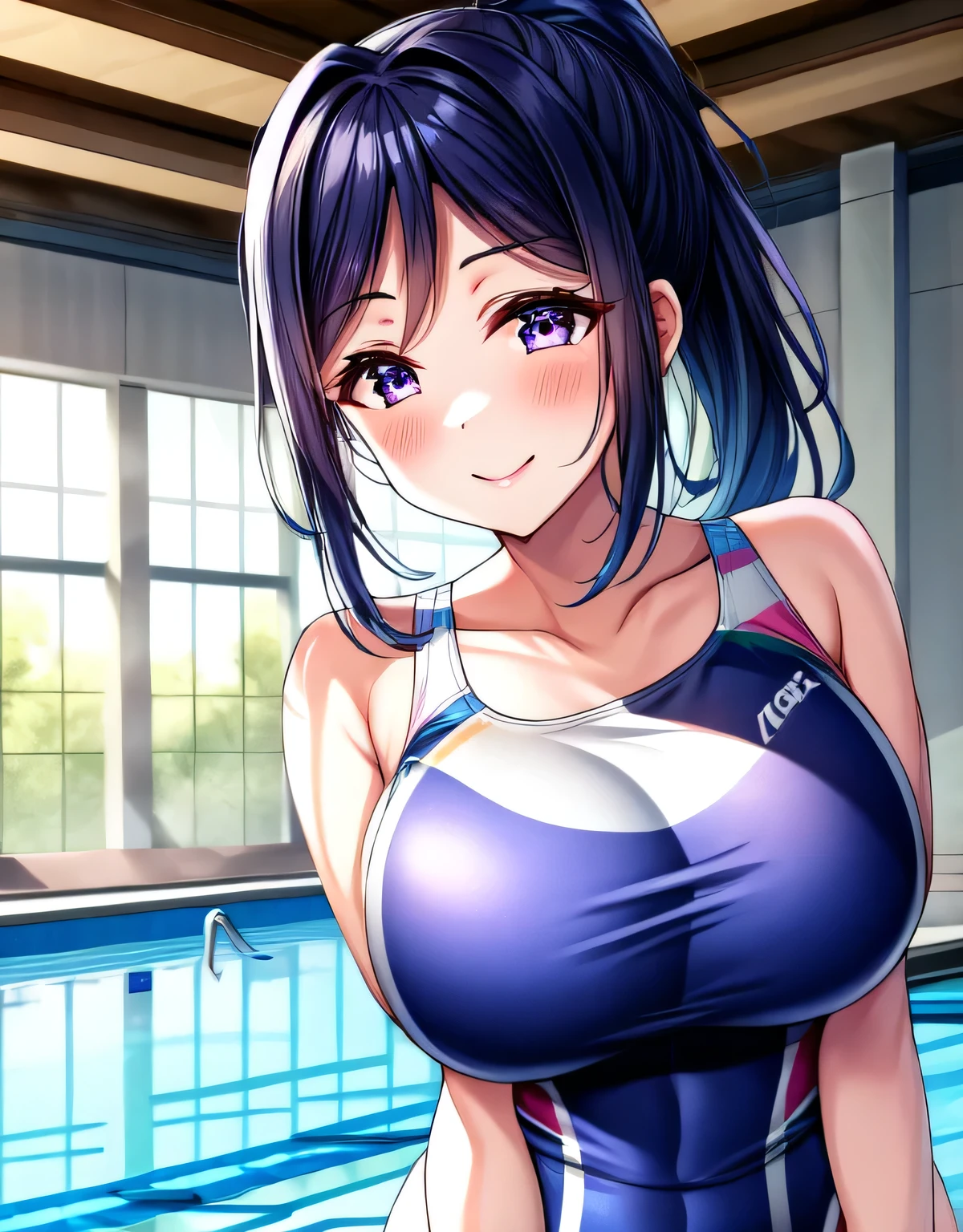 kanan matsuura,blue hair,long hair,ponytail,(purple eyes:1.1),sidelocks,(extremely shiny Competition swimsuit:1.2),(gorgeous indoor pool),lips,erotic lips,blush,seductive,alluing,Gentle smile,shiny skin,(large breasts:1.55),(shiny,hair),((solo)),((masterpiece)),((best quality)),perfect anatomy,slim waist,perfect image,8k UHD,(beautiful detailed eyes:1.5),extremely detailed face,standing,(upper body:1.25),(look at the front:1.5),arms behindback,ultra-detailed,absurdres,ultra-highres,(night view drom the window),