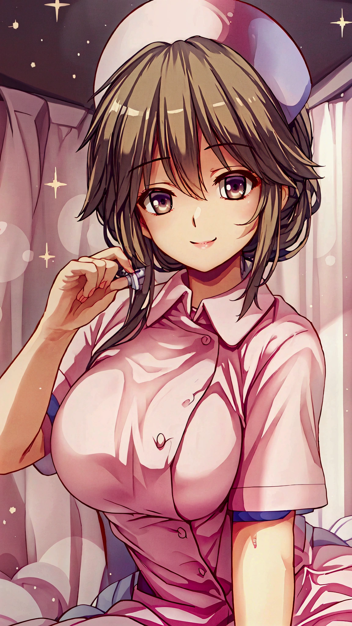 hospital, nurse, Having an injection, Blur the background,smile,Glitter effect,Highest quality, 8K, High resolution, masterpiece:1.2, Very detailed, Realistic:1.37, High resolution, 超High resolution, Ultra-fine painting, Very detailed, Professional, Vibrant colors