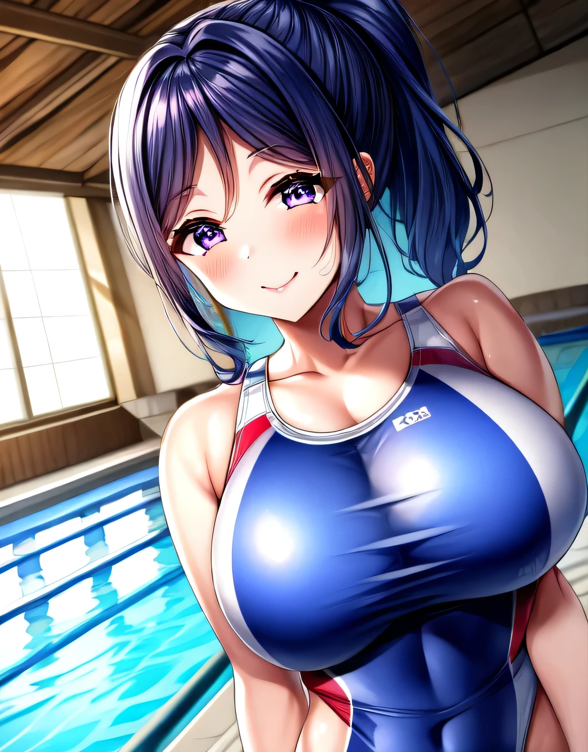 kanan matsuura,blue hair,long hair,ponytail,(purple eyes:1.1),sidelocks,(extremely shiny Competition swimsuit:1.2),(gorgeous indoor pool),lips,erotic lips,blush,seductive,alluing,Gentle smile,shiny skin,(large breasts:1.55),(shiny,hair),((solo)),((masterpiece)),((best quality)),perfect anatomy,slim waist,perfect image,8k UHD,(beautiful detailed eyes:1.5),extremely detailed face,standing,(upper body:1.25),(look at the front:1.5),arms behindback,ultra-detailed,absurdres,ultra-highres,(night view drom the window),