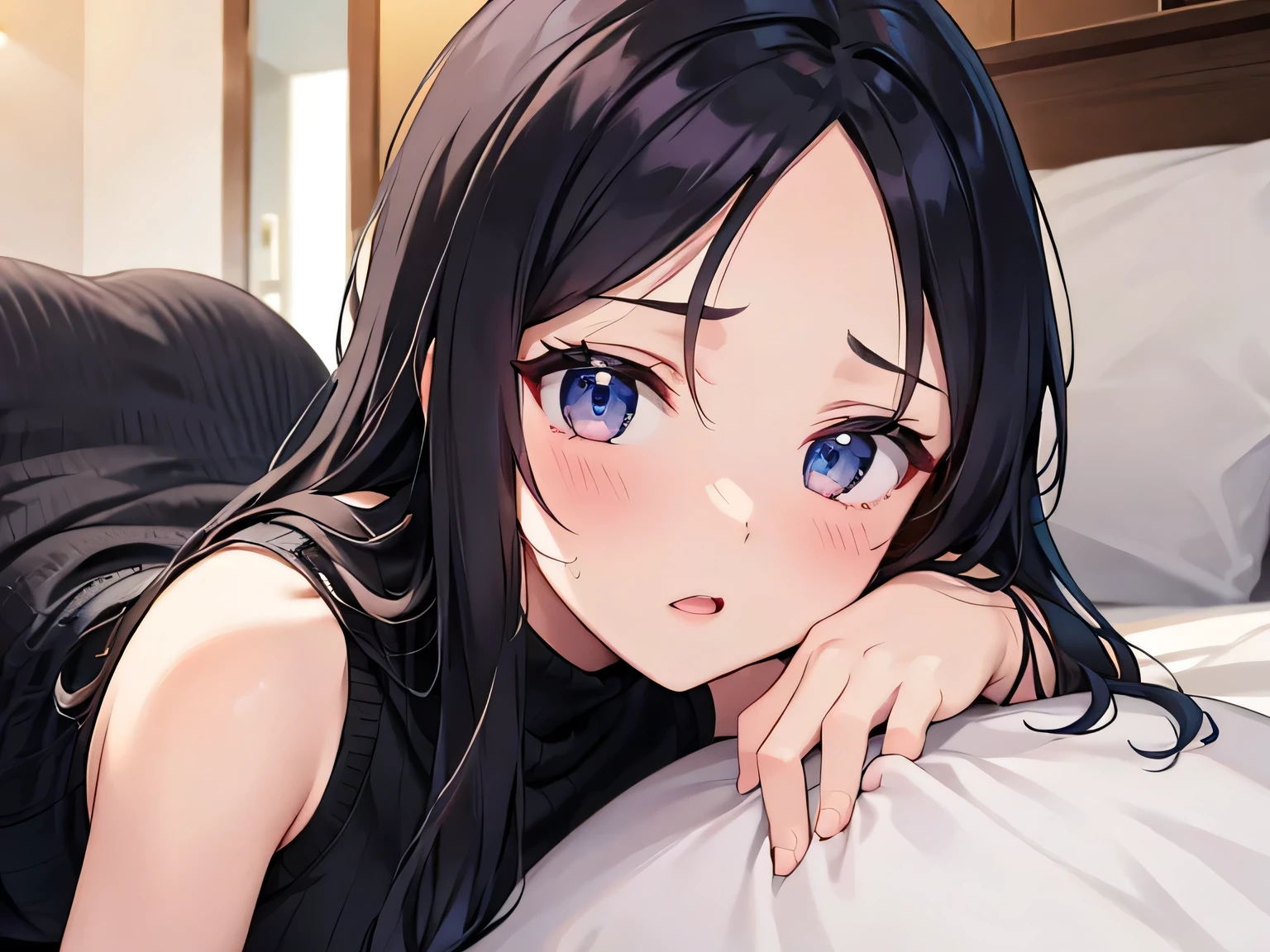 Exposing her nipples on the bed and making a kissing face