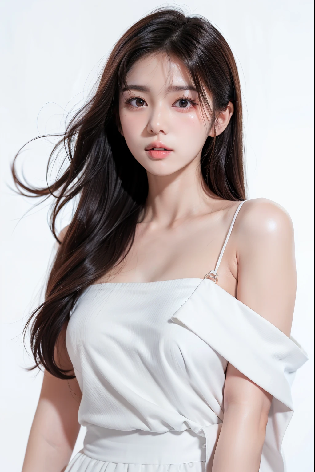 (((forehead、Northern Europe、White people、beautiful girl、Black Hair、White background、Tank top、Off-the-shoulder blouse、mini skirt、long hair、Perm)))、table top, highest quality, figure, super detailed, finely, High resolution, 8k wallpaper, Perfect dynamic composition, detailed and beautiful eyes, Deco out,bionde, super big breasts, Natural color lip,white background, random cute poses,