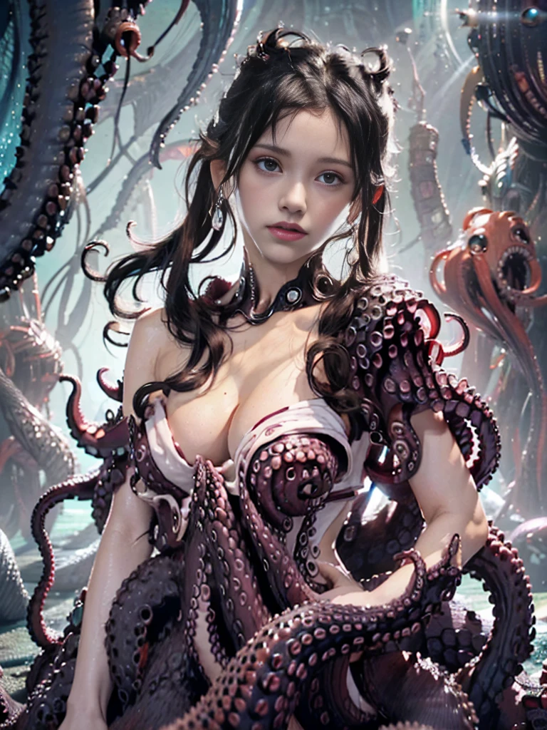 ((masterpiece)), ((best quality)), (ultra-detailed),(in the cave),(monster),(((many tentacles wrap arotnd the body))),a cute girl, 1girl, solo, (white girly dress),((many tentacles bound arms)), ((thin waist)),large breast, slim, slender,beautiful brown hair, beautiful blue eyes, (beautiful eyes), long hair,troubled expressio