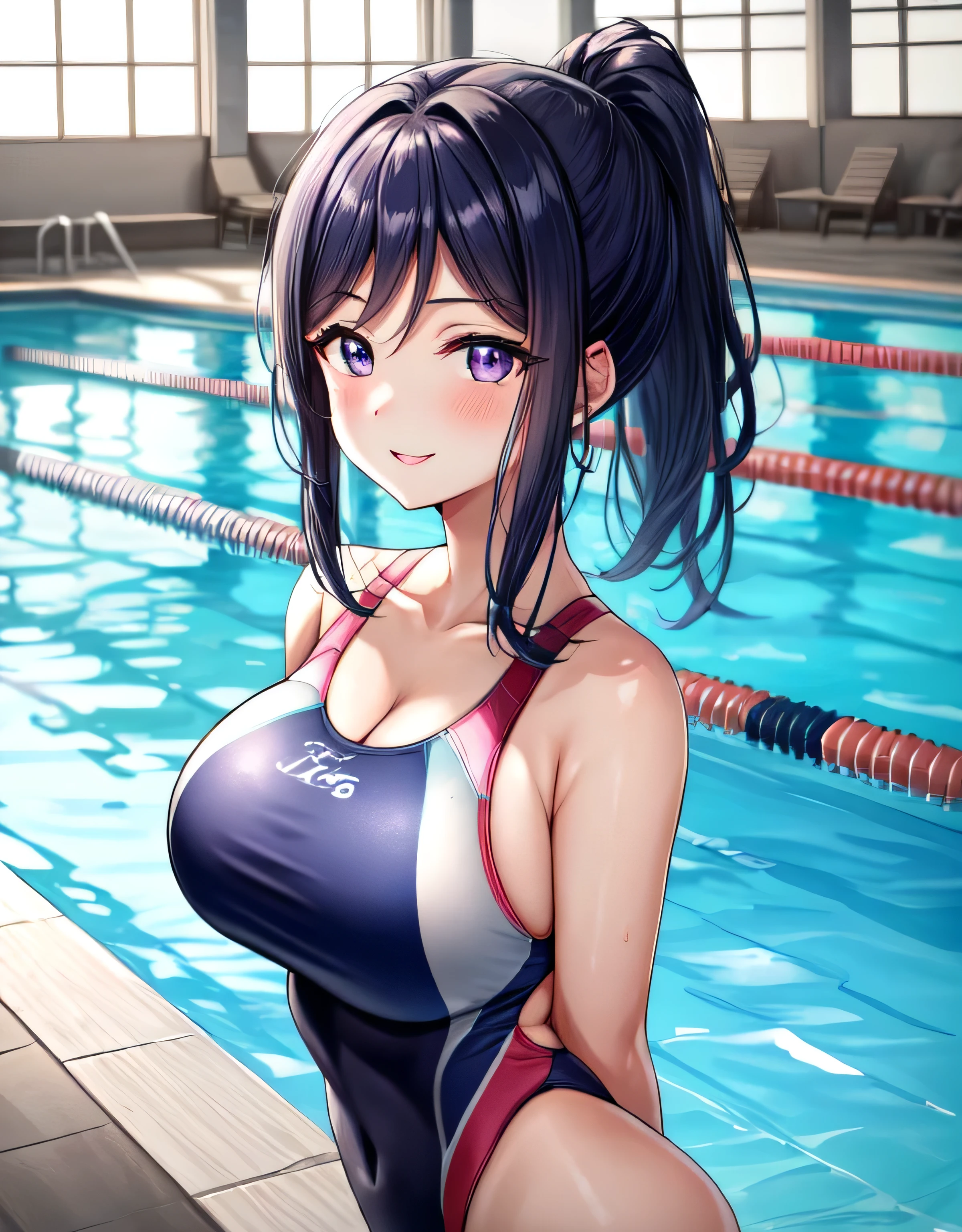 kanan matsuura,blue hair,long hair,ponytail,(purple eyes:1.1),sidelocks,(extremely shiny Competition swimsuit:1.2),(gorgeous indoor pool),lips,erotic lips,blush,seductive,alluing,Gentle smile,shiny skin,(large breasts:1.55),(shiny,hair),((solo)),((masterpiece)),((best quality)),perfect anatomy,slim waist,perfect image,8k UHD,(beautiful detailed eyes:1.5),extremely detailed face,standing,(upper body:1.25),(look at the front:1.5),arms behindback,ultra-detailed,absurdres,ultra-highres,(night view drom the window),