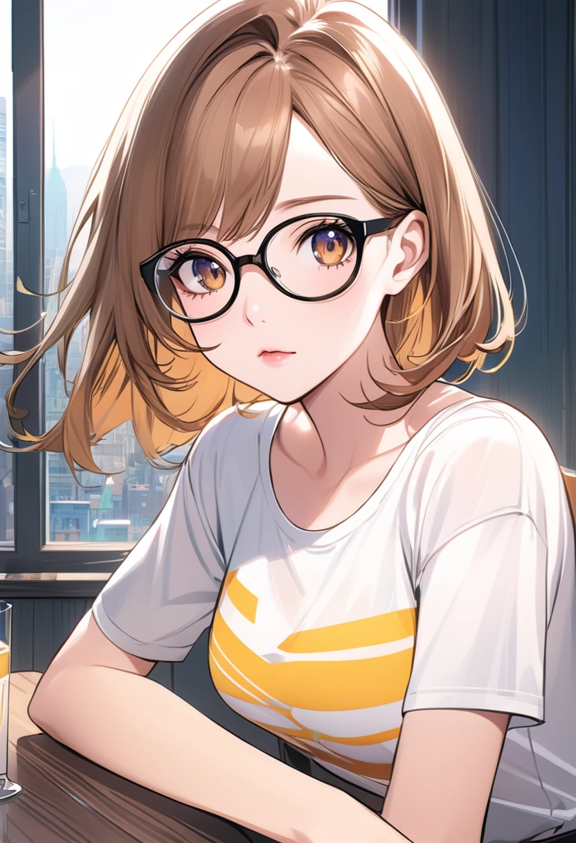 A pretty girl with brown hair with blonde ombre hair, dark slanted and delicate eyes wearing glasses, ((looking directly at the camera)), center of the room, ((sitting behind a table)). cartoon style:1.2), Cartoon image of a woman, cartoon style illustration, cartoon art style, cartoon art style, digital illustration style, highly detailed character design, cute detailed digital art , City Fan Art, Portrait Character Design, Beautiful Digital Illustration, High Quality Portrait, Comic Art, Character Design Portrait, Female Character All In Scream The Movie Actresses, fairbeauty