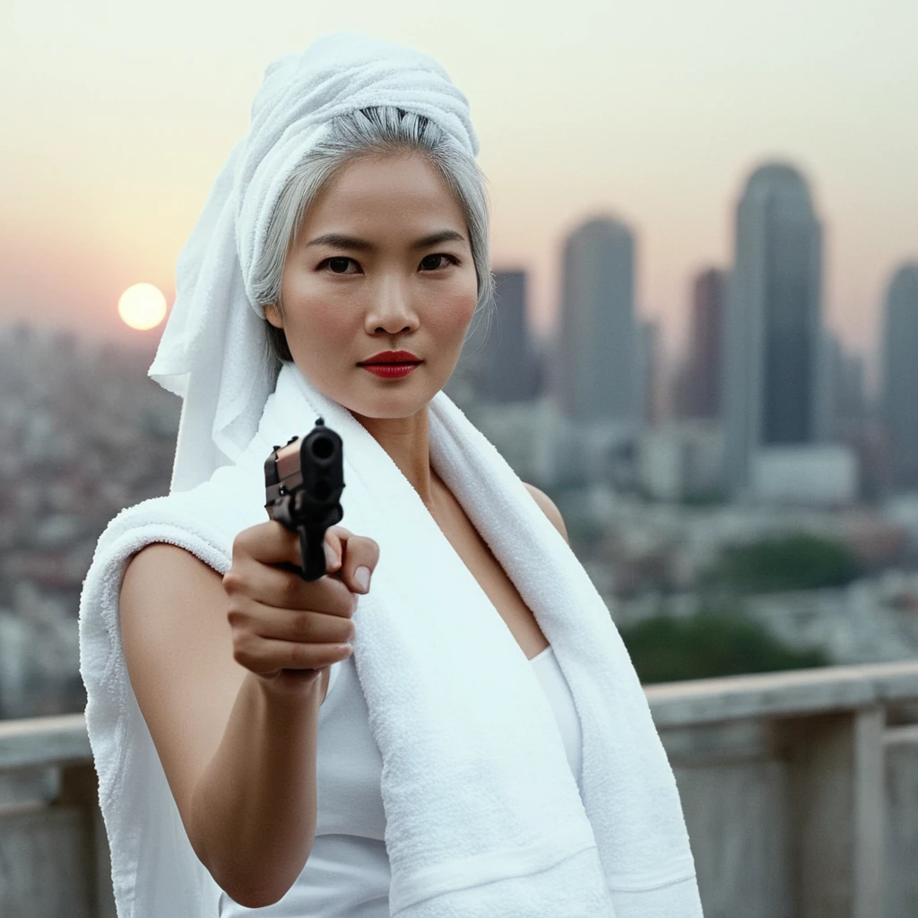 cinematic film still of bright light, bright, a middle aged sexy gray haired still very young looking Asian woman with a white towel on her head she is holding a gun in her hands pointing it in front of her High-key lighting Style, 1girl, solo,long hair,gray hair, elder, 50 years old, looking at viewer , city background, city background,bare shoulder s,white hair,lips,makeup,pale skin,realistic,white them e, shallow depth of field, vignette, highly detailed, high budget, bokeh, cinemascope, moody, epic, gorgeous, film grain, grainy