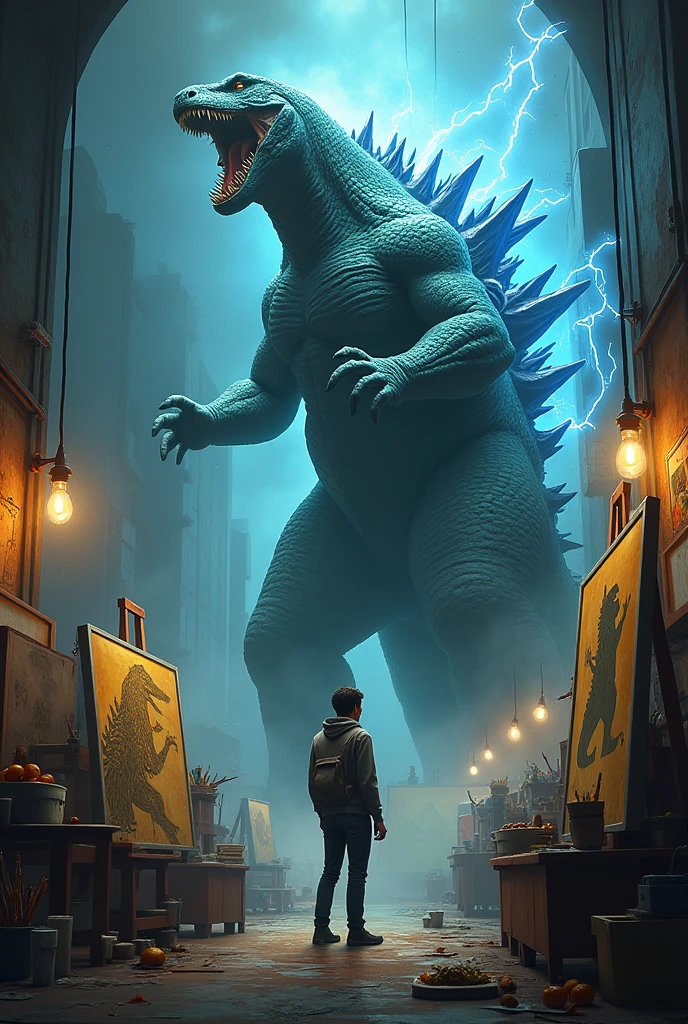 80's monster movie posters、An illustration、A monster coming at us at breakneck speed、Several people running away々、I'm in a panic、Every detail was drawn with brush and paint.,huge,Realistic monsters、Godzilla-like、Focus on the monsters、City、Collapsing high rise building、destruction,Manhattan at night,Couple running away at full speed