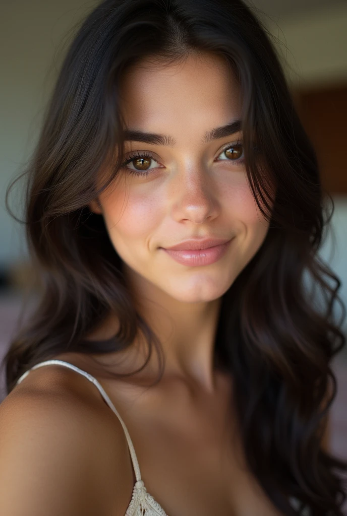 (((close up of face)))、(surreal), (figure), (High resolution), (8k), (very detailed), (best figure), (detailed and beautiful eyes), (highest quality), (super detailed), (masterpiece), ( wallpaper), (detailed face), alone, 1 girl, wavy black hair, unusual eyes, loose white shirt, yoga pants, big breasts, long legs, toned abdominal muscles, dynamic pose 、(((close up of face))) , joyful expression