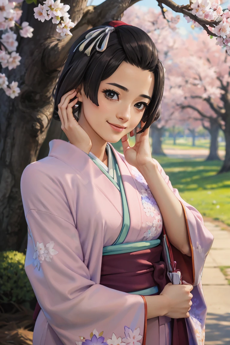 (masterpiece, best quality:1.2), cowboy shot, solo, 1girl, susato mikotoba, smile, hand in own hair, floral print, japanese clothes, pink kimono, cherry blossom trees
