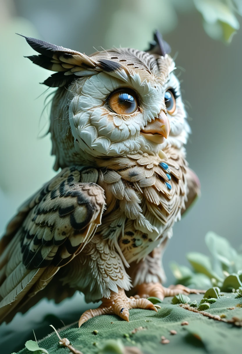 Create a hybrid  with an owl, half-chilh owl features and feathers for DND roleplaying game with owl wings and owl eyes.