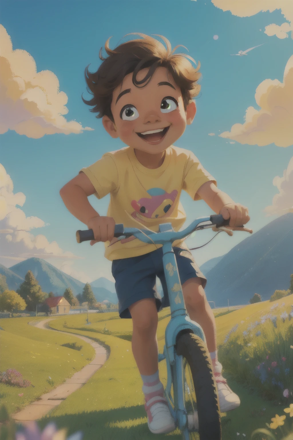 A cute illustration of a young boy playing happy, smiling joyfully as he pedals through a cheerful, colorful landscape. The art style is whimsical and playful, with soft pastel colors and a cartoonish, childlike design. The boy is wearing casual clothes, with a sense of fun and  in his expression. The background features soft, rolling hills, fluffy clouds, and a bright blue sky. The scene captures the innocence and energy of childhood, with a light and happy atmosphere. natural light, 35mm photograph, film, professional, 4k, highly detailed, Golden hour lighting. Depth of field F2. Rule of Thirds Composition.
