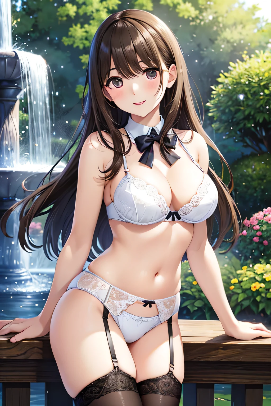 Nene Kasaki々、Shiny brown hair,  (Beautiful brown eyes、Sparkling eyes, fine grain)、smile、Very fine eye、Highly detailed face, Highly detailed eyes,Cowboy Shot、



(masterpiece、Highest quality:1.2),, alone, One Girl,,  ,、Outdoor、garden、Fountain Square、、Laughter、panties、Bra very、((White Lingerie))))、Long-haired、Are standing、、garter belt、Black Stockings、 、Beautiful Eyes