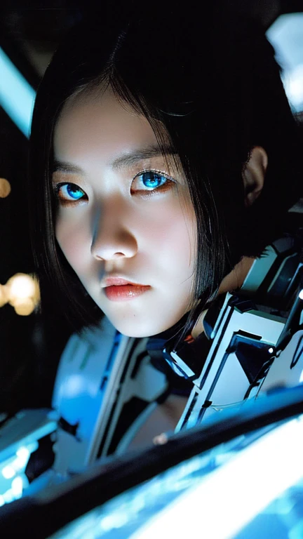 Wide-angle shot, 1 female, Mecha, Glowing blue-black eyes, Very cute face, (Realistic:1.37), バイオMechaニカル, Spaceship interior bokeh background, Ultra-realistic, Very detailed, Very intricate details, Beautiful woman in focus