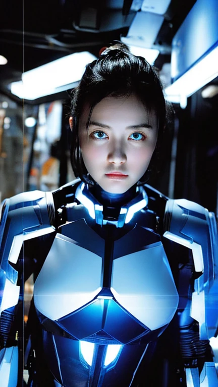 Wide-angle shot, 1 female, Mecha, Glowing blue-black eyes, Very cute face, (Realistic:1.37), バイオMechaニカル, Spaceship interior bokeh background, Ultra-realistic, Very detailed, Very intricate details, Beautiful woman in focus