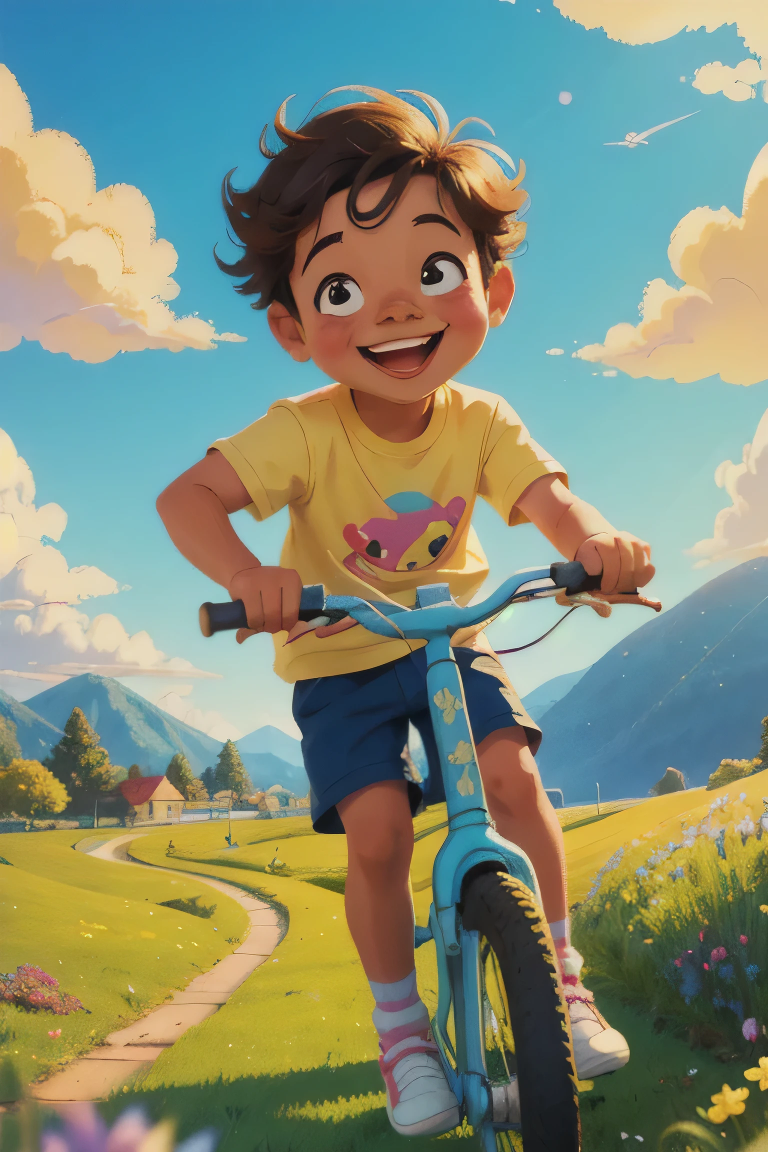 A cute illustration of a young boy playing happy, smiling joyfully as he pedals through a cheerful, colorful landscape. The art style is whimsical and playful, with soft pastel colors and a cartoonish, childlike design. The boy is wearing casual clothes, with a sense of fun and  in his expression. The background features soft, rolling hills, fluffy clouds, and a bright blue sky. The scene captures the innocence and energy of childhood, with a light and happy atmosphere. natural light, 35mm photograph, film, professional, 4k, highly detailed, Golden hour lighting. Depth of field F2. Rule of Thirds Composition.
