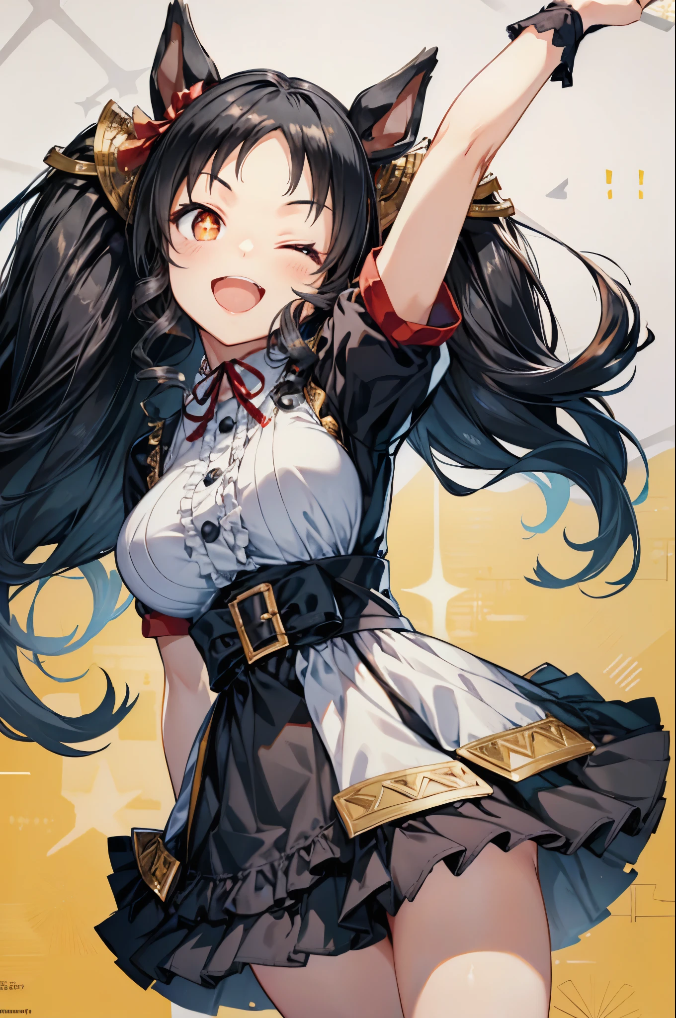 marvelous sunday \(umamusume\),black hair,twintails,hair ornament,smile,open mouth,(one eye closed),Dynamic pose,(arm up,standing on one leg),masterpiece,Noise Reduction,perfect anatomy,high resolution, ultra-detailed, ultra-detailed face,game cg,dutch angle ,beautiful detailed eyes,visualart,five fingers, perfect hands, perfect lighting, sparkling pupils,