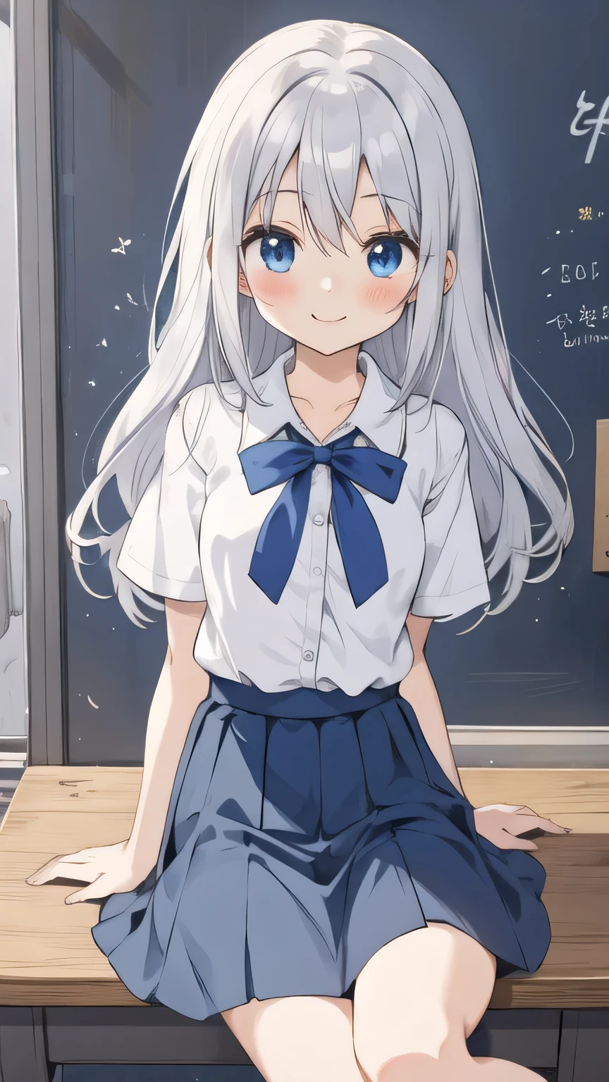 cute girl, anime, silver hair, straight hair, Blue eyes, (young:1.1), (small bust:0.6), (cute:1.3), (middle bust:0.9), cute, (cute:1.2), (sulk:0.6), Smail, (shy:1.0), cowboy shot, cute, side shot, (shy:1.0), dark blue skirt, standing, short sleeve, (spread leg:1.2), school room, sit down, (open leg:1.2), panties, (smile:1.1), (open leg:1.1), M-shaped legs