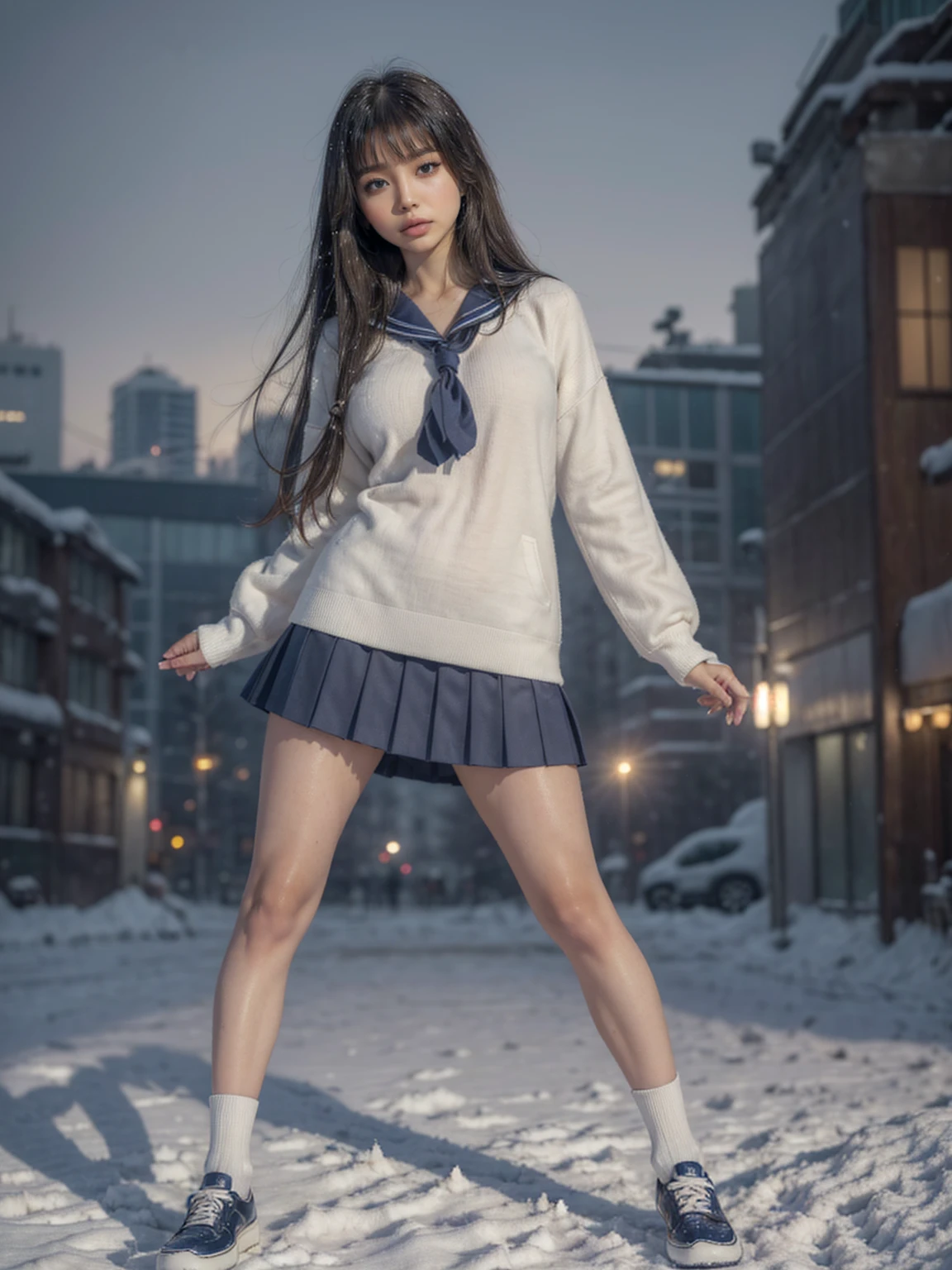 (in 8K、RAW Photos、top-quality、​masterpiece:1.2), (realisitic、Photorealsitic:1.37), ultra-detailliert, high resolution, (1girl in:1.3), a closeup, Raw feet,  japanese, (beautiful legs:1.3), (slender girl:1.3), a beauty girl, a cute girl, (Thin legs:1.3), (a sailor suit:1.3) , (high-school girl:1.3), JK, Ultra mini skirt, pleated skirt, Short socks, Tri-fold socks, white sock, Full body, (standing:1.2), winter, (city street background:1.2), (tanned_skin:1.3), (dark_skin:1.3), (roafer shoes:1.3), winter, snow,  light color hair, (snow falling : 1.3), (navy skirt:1.3)