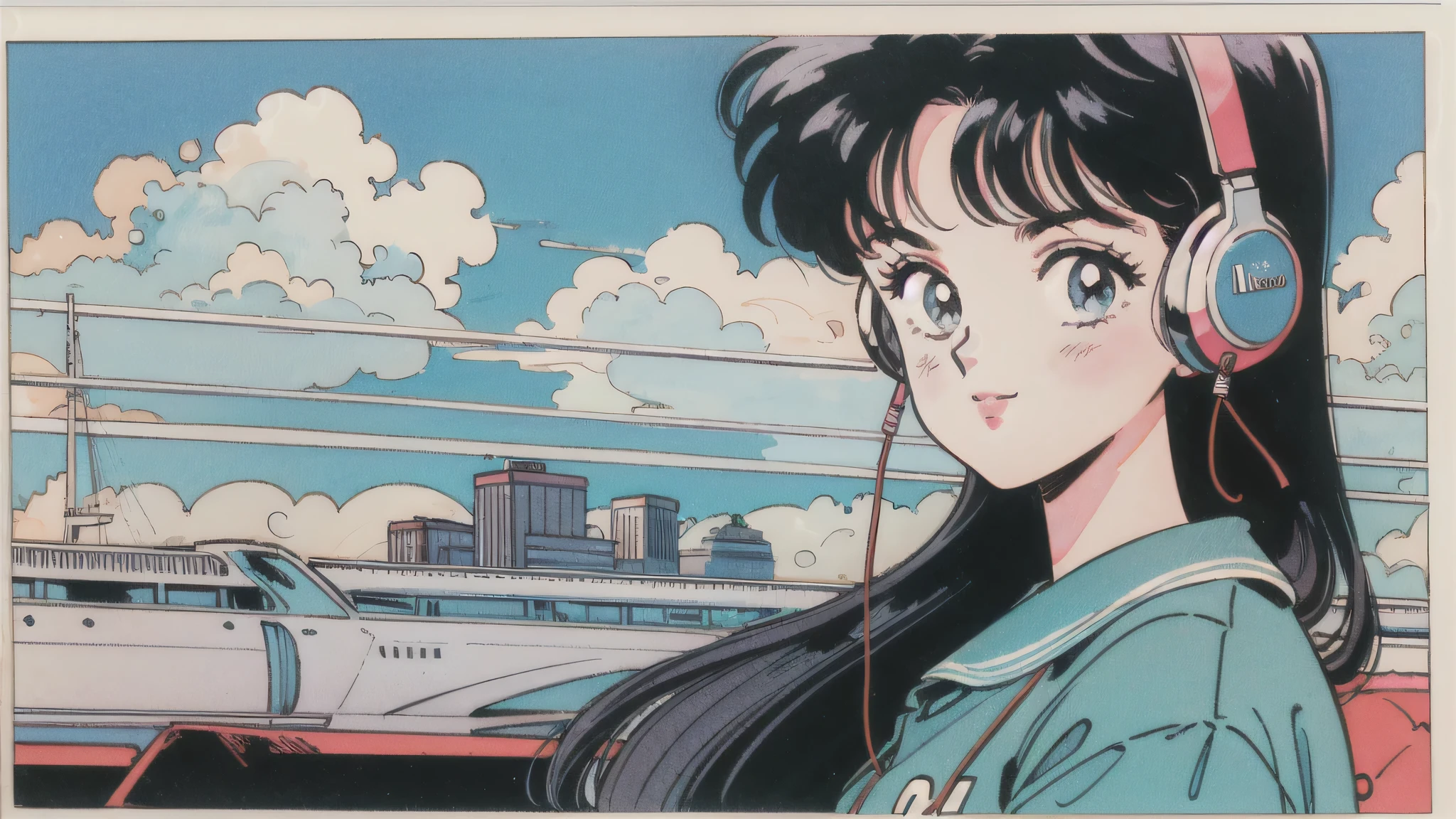 Observe every detail perfectly,(80's, retro, City Pop:1), (Album cover), (masterpiece, Highest quality), (アニメ, figure), Best Photo Poses, Dynamic Angle,girl, alone, A perfect eye for detail, Delicate face, Tokyo, High Fashion, DJHeadphones,Blue sky and clouds,Smiling girl,sit,vivid background,looking straight ahead,clear lines