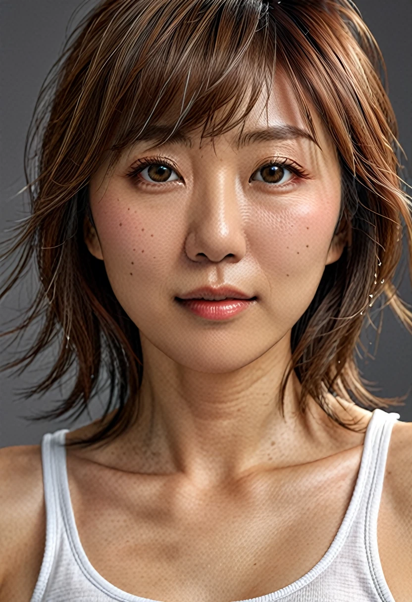 masterpiece, best quality, high resolution, 8k, photorealistic, detailed face and eyes, natural skin, grey background, 
(1 Japanese woman, beautiful mature), 3, portrait, from front, wrinkles:1.2, white tank top, well-shaped medium breasts, cleavage,
light brown long shaggy hair fluttering in wind, full bangs,  