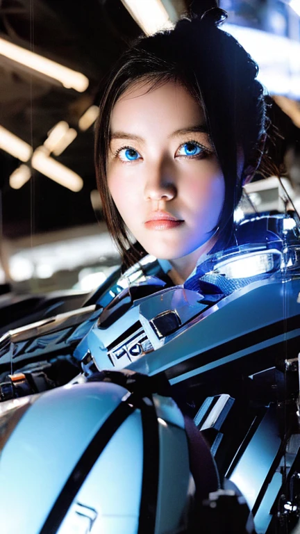 Wide-angle shot, 1 female, Mecha, Sparkling Blue Eyes, Very cute face, (Realistic:1.37), バイオMechaニカル, Spaceship interior bokeh background, Ultra-realistic, Very detailed, Very intricate details, Beautiful woman in focus