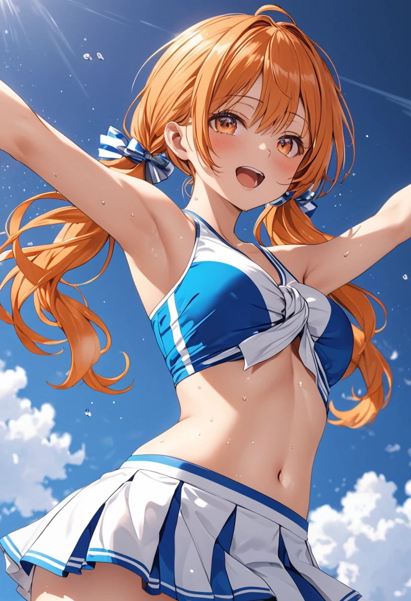 NSFW,Honoka kousaka love live, cowboy shot, blue eyes, orange hair,hair flower, solo, sailor top, sleeveless, breasts, micro skirt, perfect eyes, Perfect iris,Perfect skin,Soft front light,outdoor;(pastel colour:1.2),(lipstick:0.8) ,sexy pose,wink, standing, mommy,low twintails, curvy thicc body , Long hair , blushing , one leg up,leg holding , cheerleader, cheering , sweating