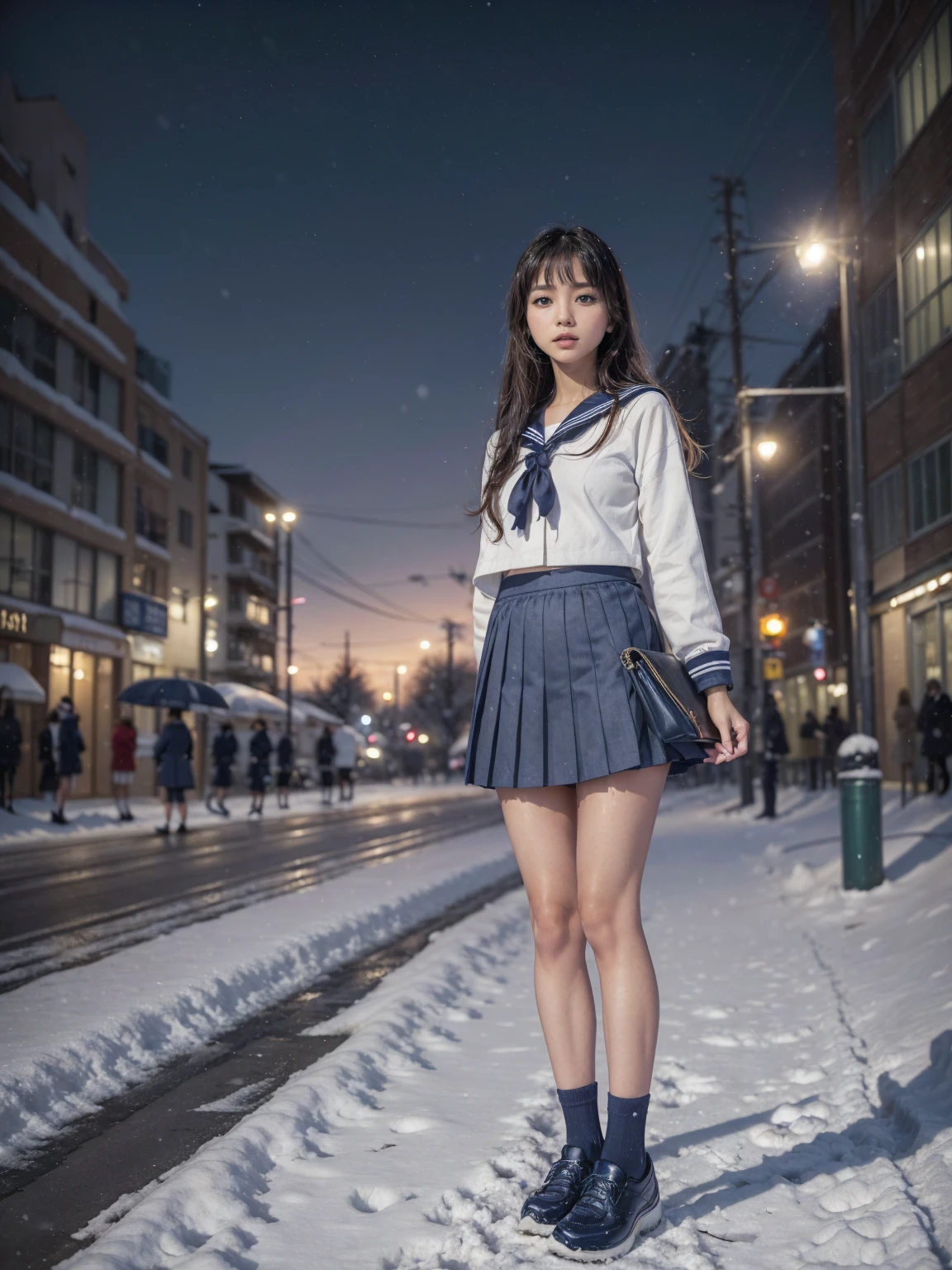 (in 8K、RAW Photos、top-quality、​masterpiece:1.2), (realisitic、Photorealsitic:1.37), ultra-detailliert, high resolution, (1girl in:1.3), a closeup, Raw feet,  japanese, (beautiful legs:1.3), (slender girl:1.3), a beauty girl, a cute girl, (Thin legs:1.3), (a sailor suit:1.3) , (high-school girl:1.3), JK, Ultra mini skirt, pleated skirt, Short socks, Tri-fold socks, white sock, Full body, (standing:1.2), winter, (city street background:1.2), (tanned_skin:1.3), (dark_skin:1.3), (roafer shoes:1.3), winter, snow,  light color hair, (snow falling : 1.3), (navy skirt:1.3)