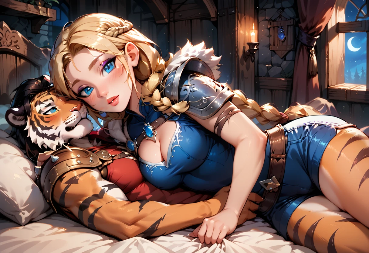 Dark Fantasy Art of score_9, score_8_up, score_7_up, rating_explicit, fantasy, lighting, epiCPhoto 1girl, solo, very sexy (ASTRIDHOFFERSON, blonde hair, braid, Long hair, blue eyes, fur trim, shoulder armor, armor, pauldron:1.2), cleavage, (interspecies:1.3), tall muscular (anthro male tiger, male_tiger, tight shorts:1.3), couple, lovers, sexy look, half-closed eyes, head tilt, filled lips, thick lips, makeup, in bed, laying together, dark, moody, dark fantasy style, (midnight, moonless night:1.1).