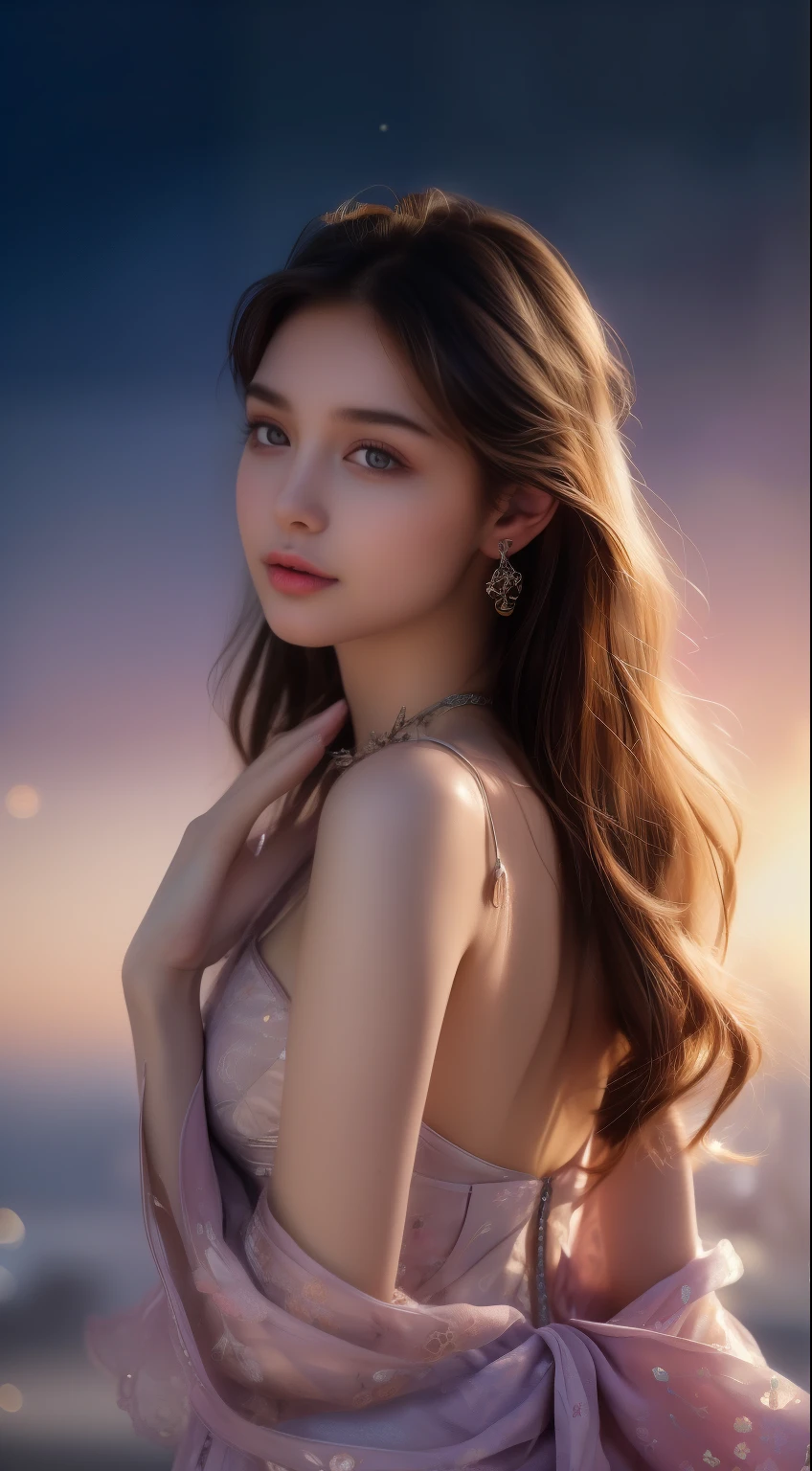 masterpiece, highest resolution，high quality content, 8K quality photos with outstanding detail, Perfect for creating a dynamic bust of a noble maiden.., Delicate curves, Bend the heads to create colorful and intricate fabric textures., plain purple eyes, Delicate floral decoration, sparkling crystal jewelry, Highly focused and subtle details。