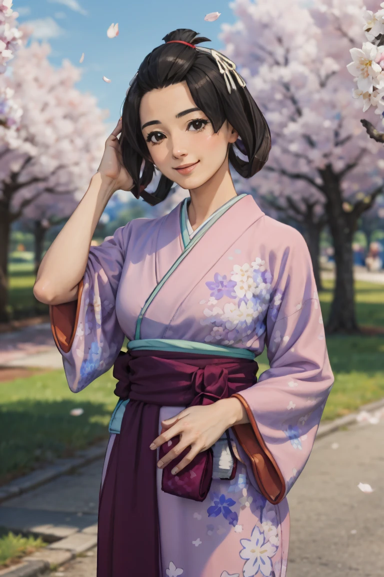 (masterpiece, best quality:1.2), cowboy shot, solo, 1girl, susato mikotoba, smile, hand in own hair, floral print, japanese clothes, pink kimono, (one breast out), cherry blossom trees
