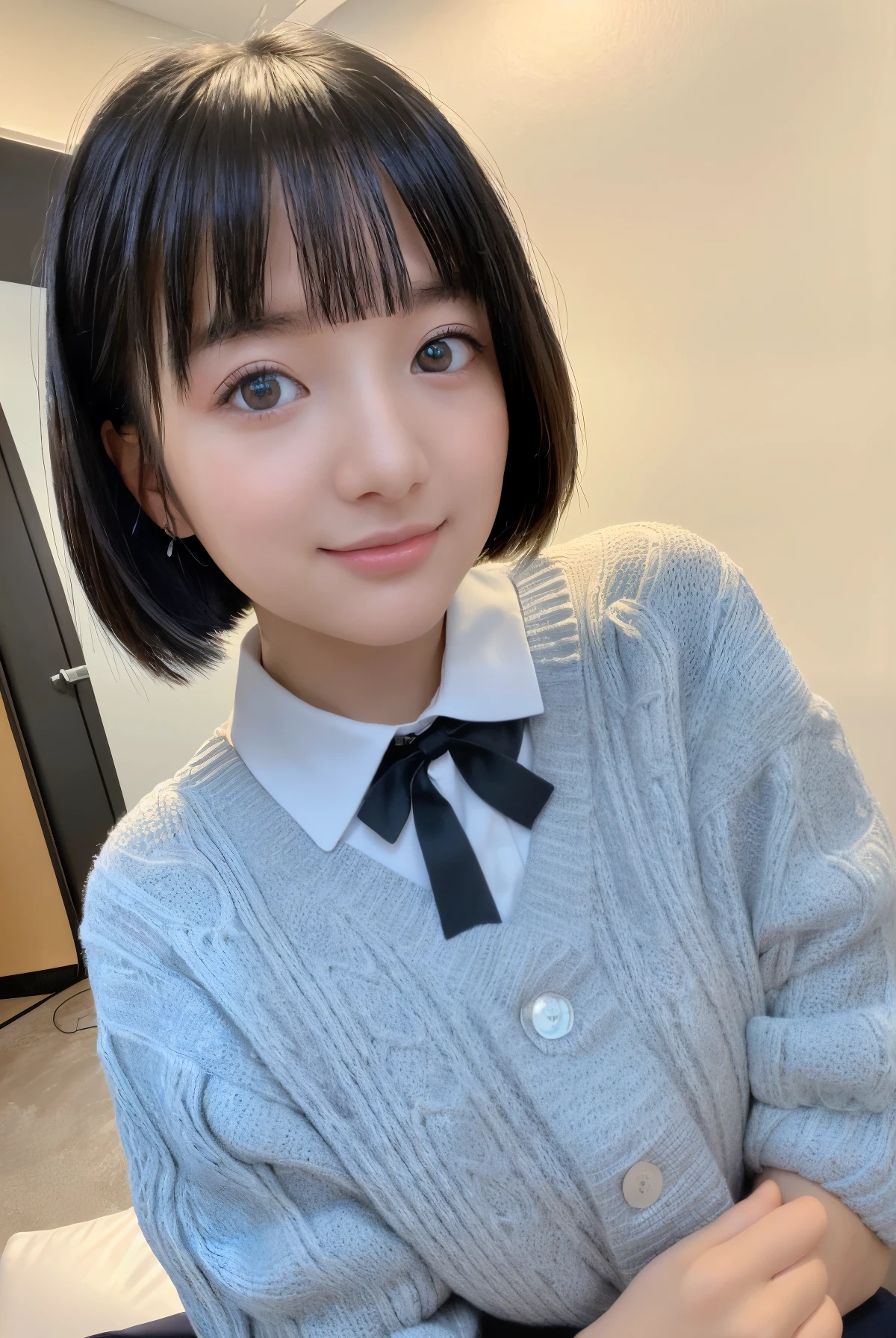 (8k,RAW Photos, Highest quality, masterpiece:1.2), (Realistic, photo-Realistic:1.37),One girl,Japanese girl、１２age、Middle school students、Close-up of face、Short-sleeved uniform、Black Hair、wearing colored contact lenses、Light-coloured contact lenses、Cute smile、studio、Light blue background、