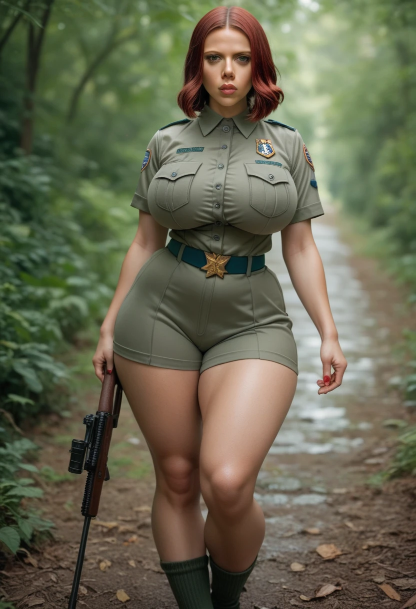 A battalion of sexy military big breasts athletic body in a dark forest lit by fire