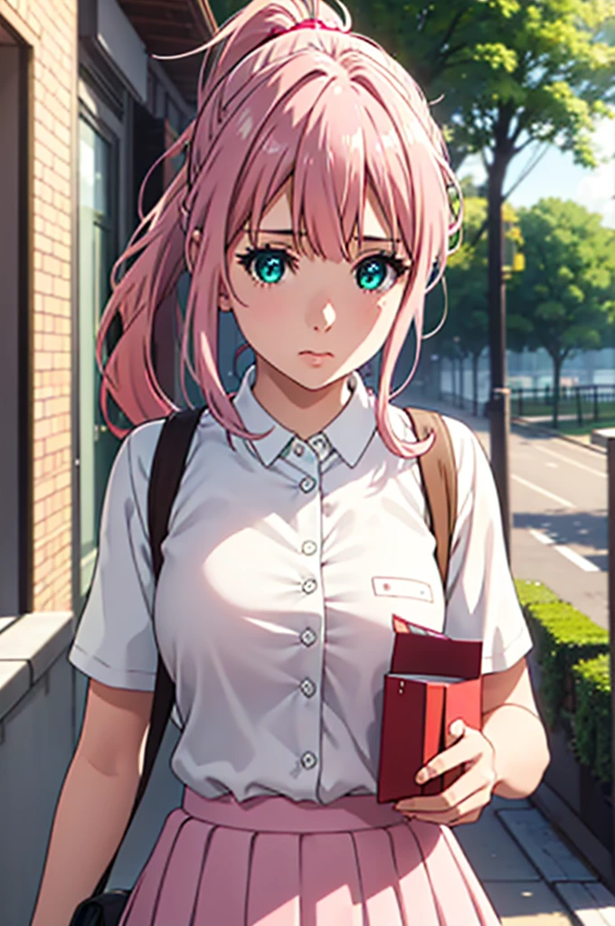 Very Cute girl, massive sized ,half naked ,ultra realistic eyes, school uniform dress,short red skirt, holding a bag,school outside, pink colour hair,bright green eyes, ultra realistic detailed eyes, innocent eyes, looking at camera,long pink wavy hair in a ponytail,