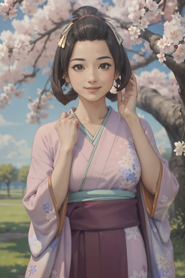 (masterpiece, best quality:1.2), cowboy shot, solo, 1girl, susato mikotoba, smile, hand in own hair, floral print, japanese clothes, pink kimono, (one breast out:!.2), cherry blossom trees
