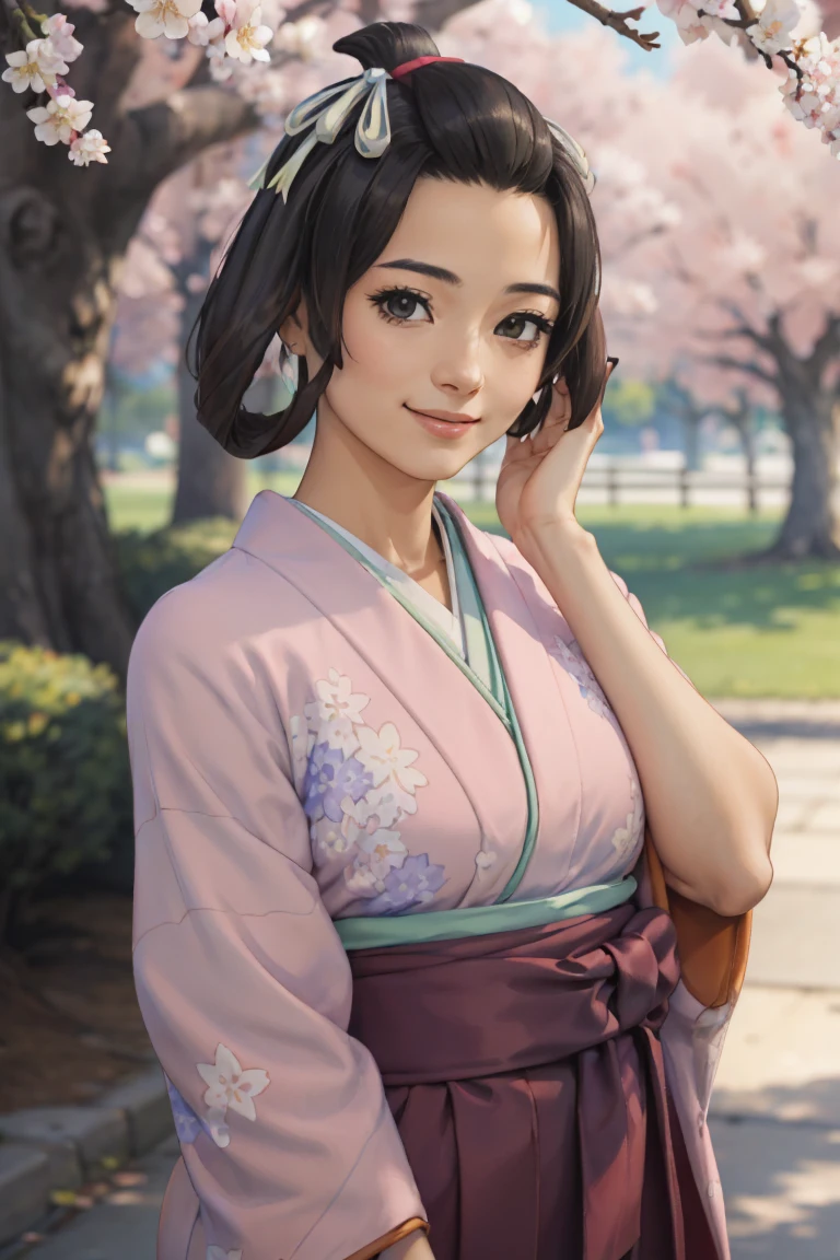 (masterpiece, best quality:1.2), cowboy shot, solo, 1girl, susato mikotoba, smile, hand in own hair, floral print, japanese clothes, pink kimono, (one breast out:1.2), cherry blossom trees
