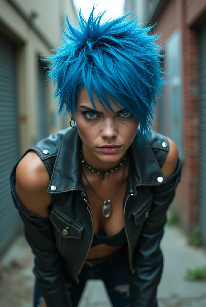 pretty punk woman with a choker with messy and short black hair, blue eyes, <lora:valkyrae_40_50_045_06:1.2>