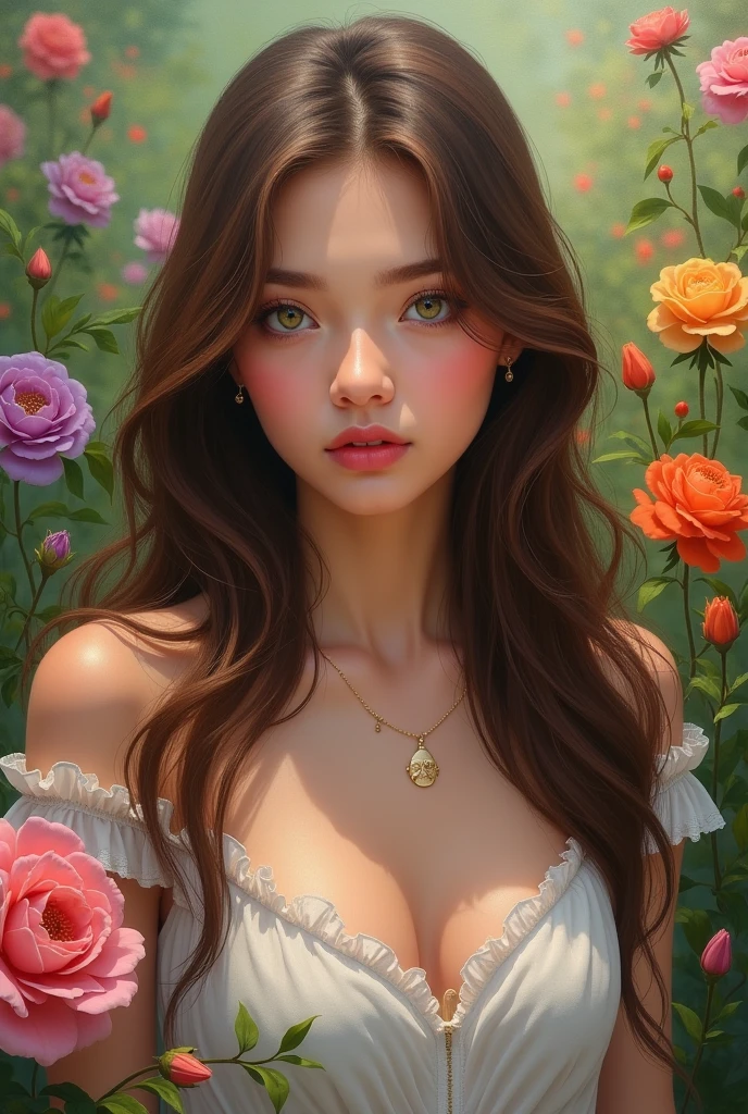 1 girl, waist up, faint smile, shiny skin Best Quality, Masterpiece, (Realistic:1.4), hiqcgbody, High Detail RAW color photo, toned physique, (elegant, beautiful face), (skin details), (oil: 0.6), (Tesla coil: 0.4), soft light, (side light: 0.8), shadow projection, deep focus, shot with Leica 10772 MP, 85mm macro lens, F/8 aperture, film still, model (office OL, sexy), (very detailed face) (very detailed and expressive eyes), ((small_breasts, delicate room, exposed breasts, exhibitionism))), revealing clothes, lying in a lot of pink flowers --auto --s2